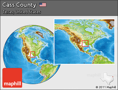 Physical Location Map of Cass County, highlighted parent region, within the entire country
