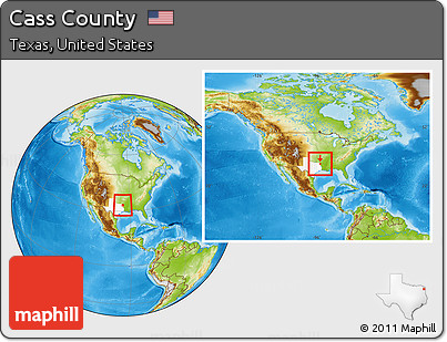 Physical Location Map of Cass County, highlighted parent region, within the entire country
