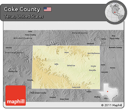 Physical 3D Map of Coke County, darken, desaturated