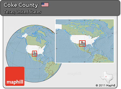 Savanna Style Location Map of Coke County, highlighted country, highlighted parent region, within the entire country, hill shading