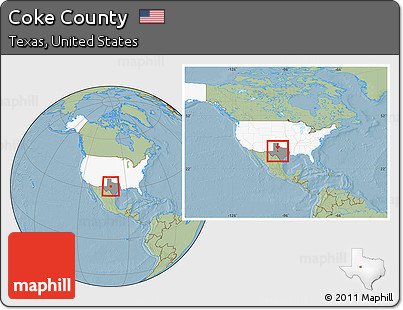 Savanna Style Location Map of Coke County, highlighted country, highlighted parent region, within the entire country, hill shading