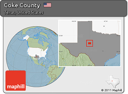Savanna Style Location Map of Coke County, highlighted country, highlighted parent region, hill shading