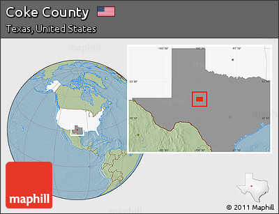 Savanna Style Location Map of Coke County, highlighted country, highlighted parent region, hill shading