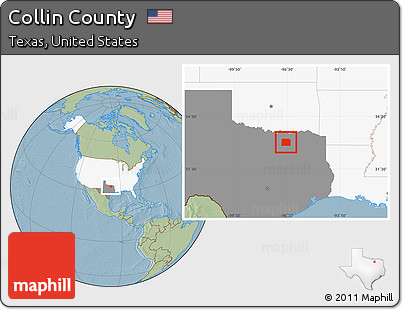 Savanna Style Location Map of Collin County, highlighted country, highlighted parent region, hill shading