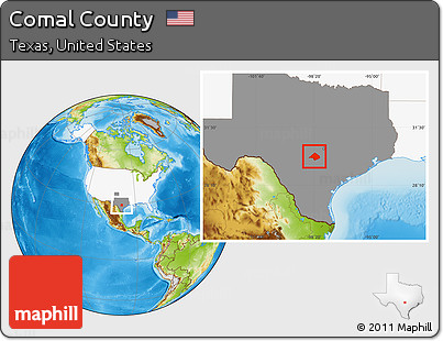 Physical Location Map of Comal County, highlighted country, highlighted parent region