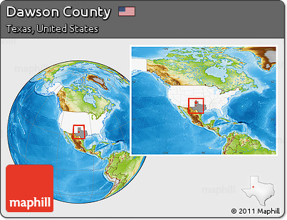 Physical Location Map of Dawson County, highlighted country, highlighted parent region, within the entire country