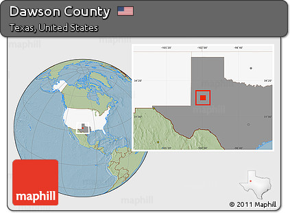 Savanna Style Location Map of Dawson County, highlighted country, highlighted parent region, hill shading