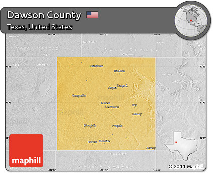 Physical Map of Dawson County, lighten, desaturated