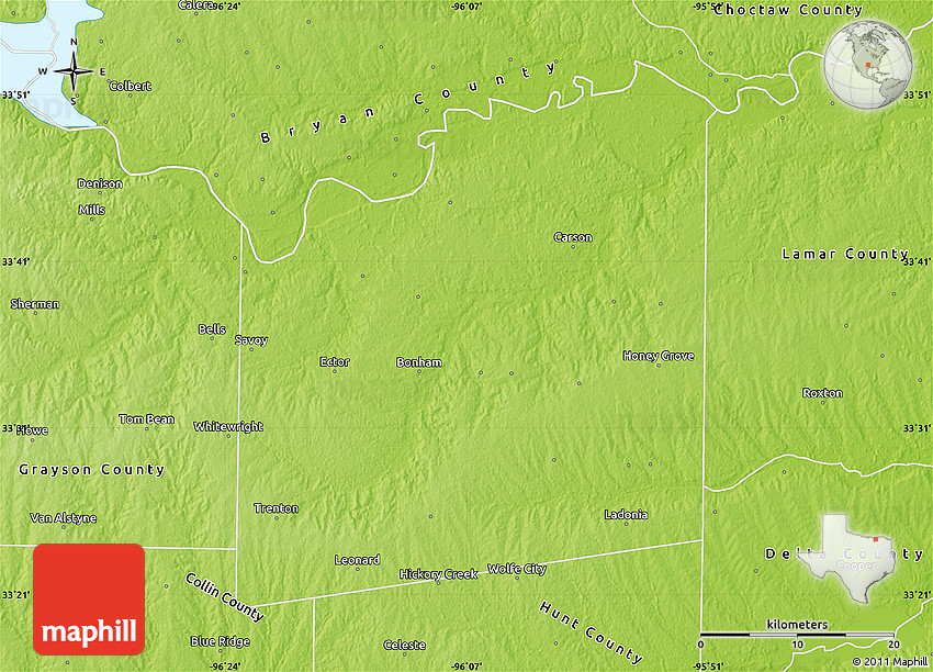 Physical Map of Fannin County