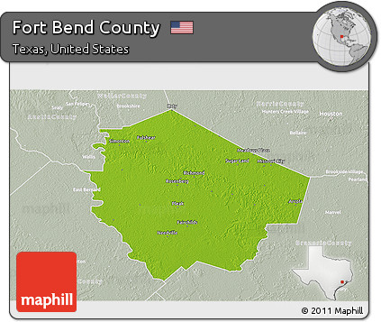 Physical 3D Map of Fort Bend County, lighten, semi-desaturated