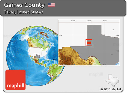 Physical Location Map of Gaines County, highlighted country, highlighted parent region
