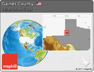 Physical Location Map of Gaines County, highlighted country, highlighted parent region