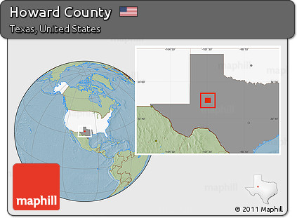 Savanna Style Location Map of Howard County, highlighted country, highlighted parent region, hill shading