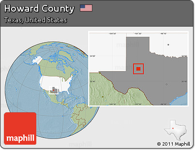 Savanna Style Location Map of Howard County, highlighted country, highlighted parent region, hill shading