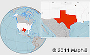 Gray Location Map of Texas, highlighted country, hill shading