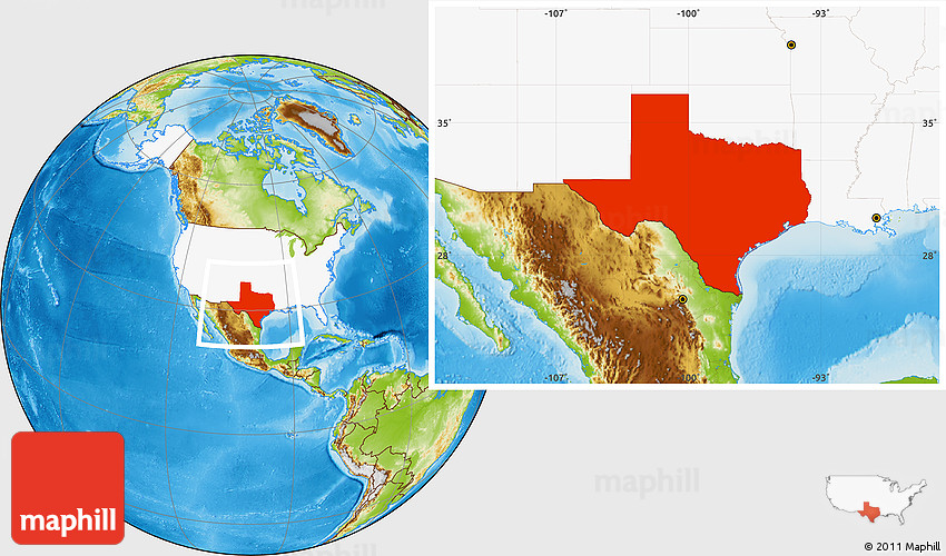 Physical Location Map of Texas, highlighted country