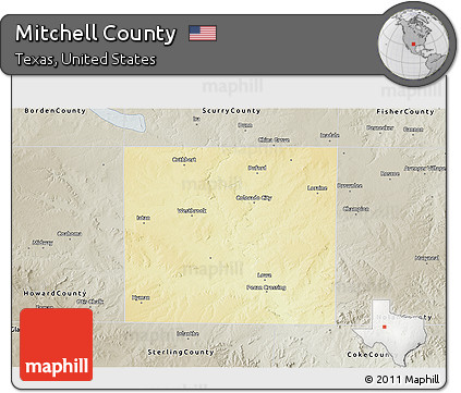 Physical 3D Map of Mitchell County, semi-desaturated