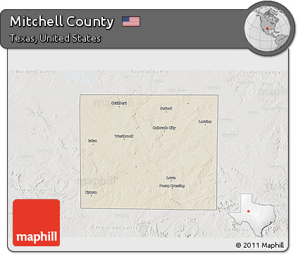 Shaded Relief 3D Map of Mitchell County, lighten, semi-desaturated