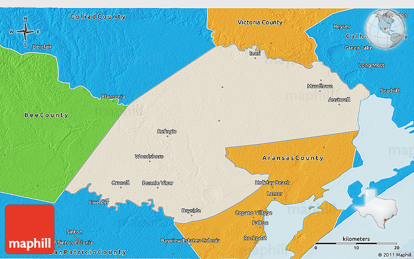 Shaded Relief 3D Map of Refugio County, political outside