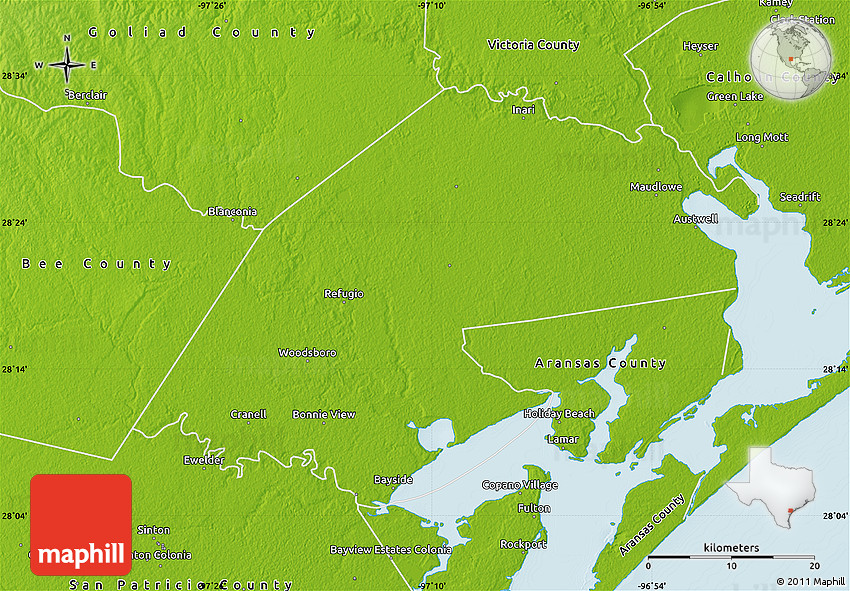 Physical Map of Refugio County