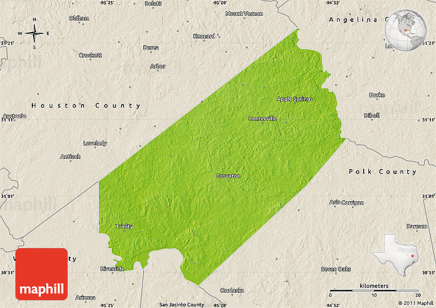 Physical Map of Trinity County, shaded relief outside