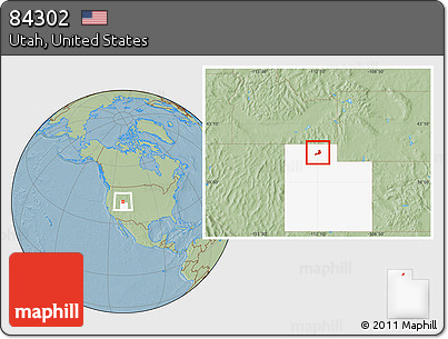 Savanna Style Location Map of ZIP Code 84302, highlighted state, hill shading