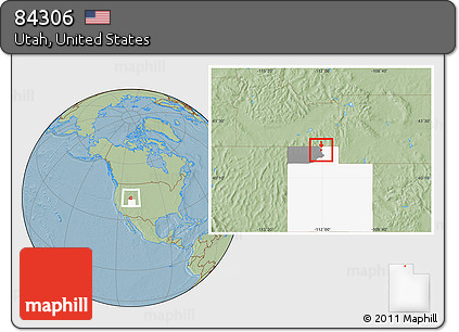 Savanna Style Location Map of ZIP Code 84306, highlighted county, highlighted state, hill shading