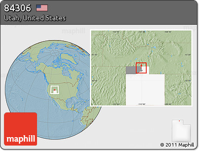 Savanna Style Location Map of ZIP Code 84306, highlighted county, highlighted state, hill shading