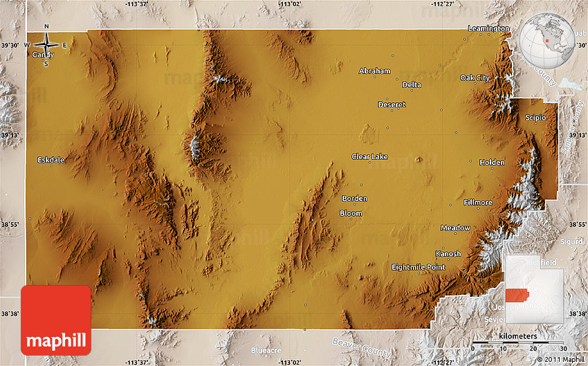 Physical Map of Millard County, lighten