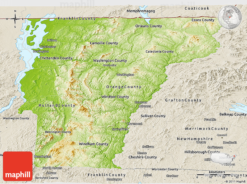 Physical Panoramic Map of Vermont, shaded relief outside