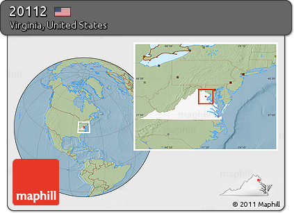 Savanna Style Location Map of ZIP Code 20112, highlighted state, hill shading