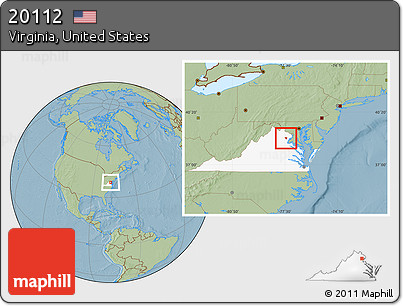 Savanna Style Location Map of ZIP Code 20112, highlighted state, hill shading