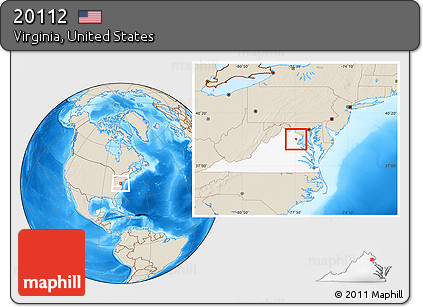 Shaded Relief Location Map of ZIP Code 20112, highlighted state
