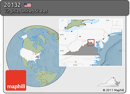 Savanna Style Location Map of ZIP Code 20132, highlighted country, highlighted state, hill shading