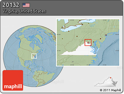 Savanna Style Location Map of ZIP Code 20132, highlighted county, highlighted state, hill shading