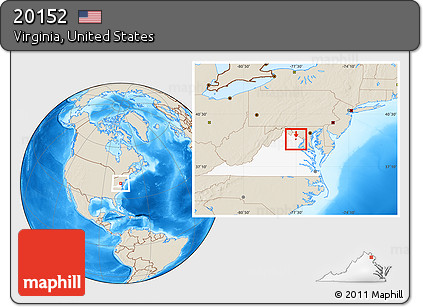 Shaded Relief Location Map of ZIP Code 20152, highlighted state