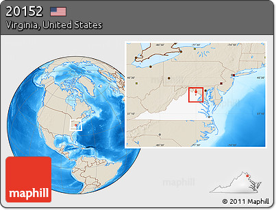Shaded Relief Location Map of ZIP Code 20152, highlighted state