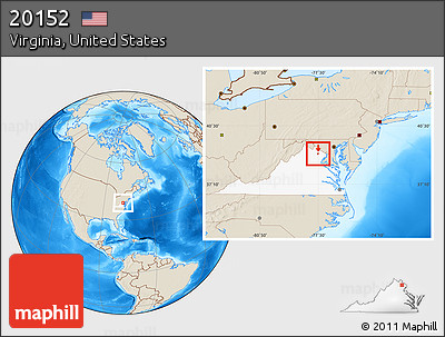 Shaded Relief Location Map of ZIP Code 20152, highlighted state