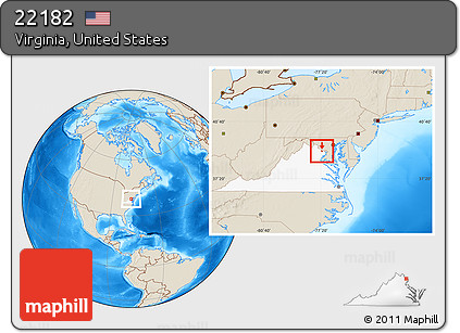 Shaded Relief Location Map of ZIP Code 22182, highlighted state