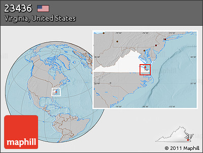 Gray Location Map of ZIP Code 23436, highlighted state, hill shading