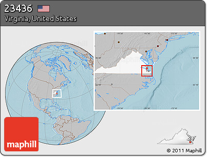 Gray Location Map of ZIP Code 23436, highlighted state, hill shading