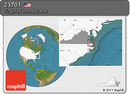 Satellite Location Map of ZIP Code 23701, highlighted country, highlighted state