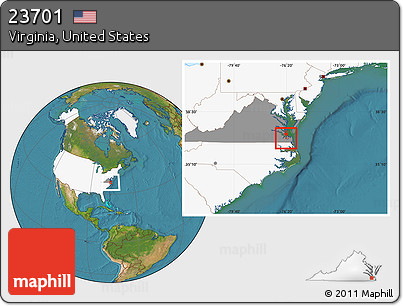 Satellite Location Map of ZIP Code 23701, highlighted country, highlighted state