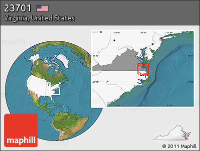 Satellite Location Map of ZIP Code 23701, highlighted country, highlighted state