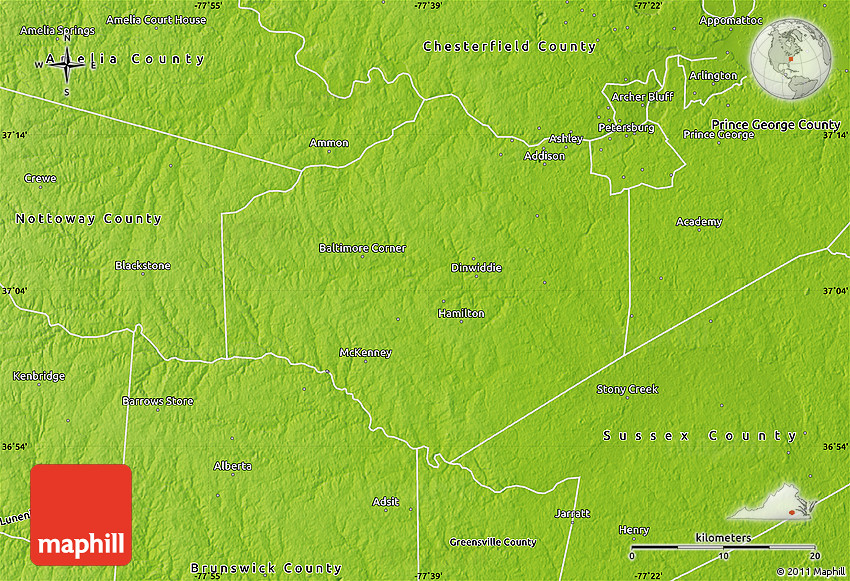 Physical Map of Dinwiddie County