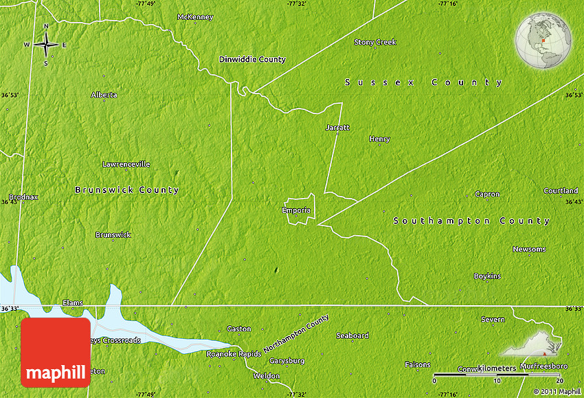 Physical Map of Greensville County