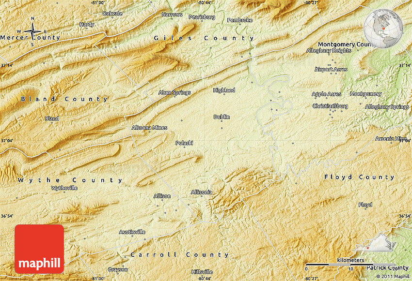 Physical Map of Pulaski County