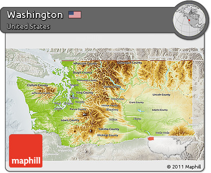 Physical 3D Map of Washington, lighten, semi-desaturated