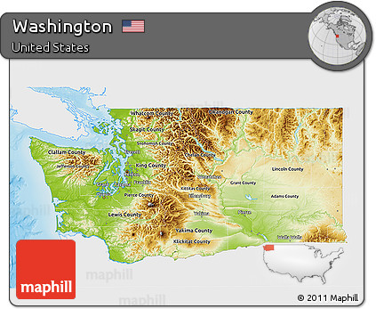 Physical 3D Map of Washington, single color outside