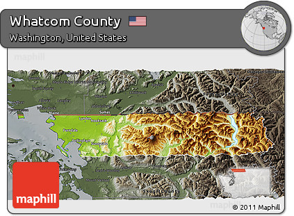 Physical 3D Map of Whatcom County, darken, semi-desaturated